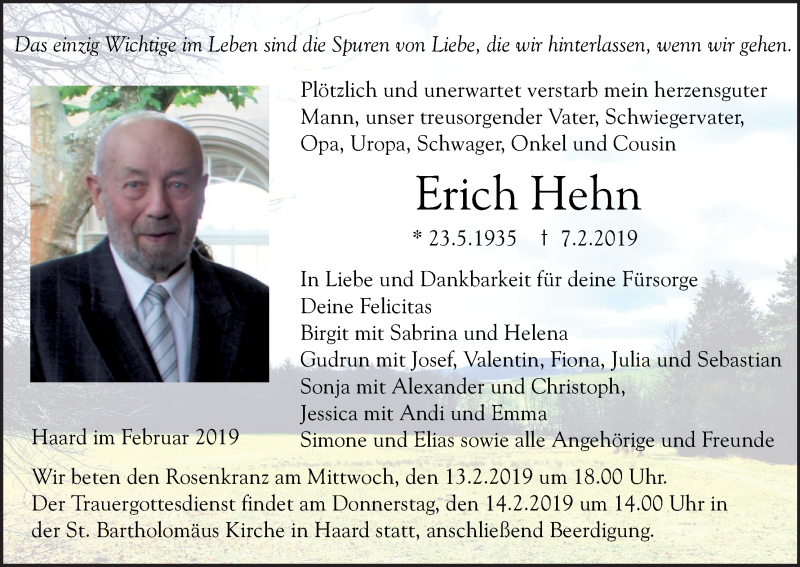  Traueranzeige für Erich Hehn vom 11.02.2019 aus MGO
