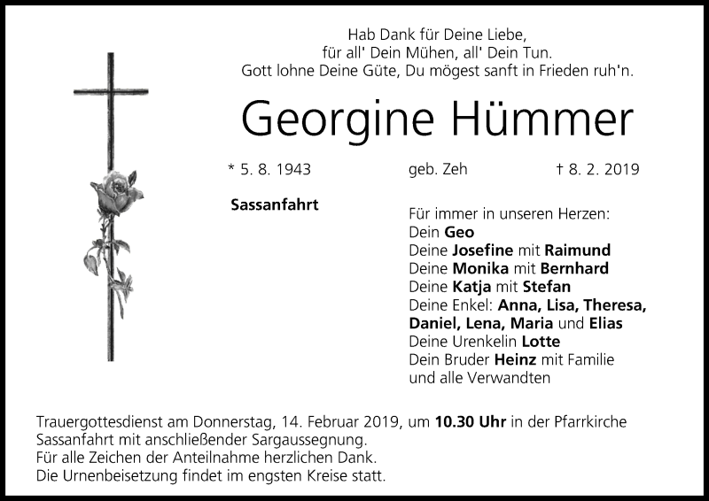  Traueranzeige für Georgine Hümmer vom 11.02.2019 aus MGO