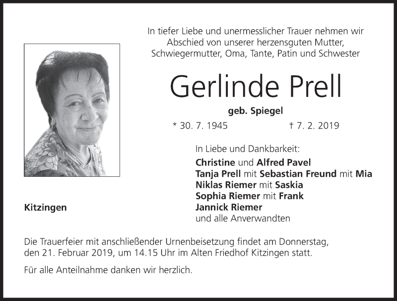  Traueranzeige für Gerlinde Prell vom 16.02.2019 aus MGO