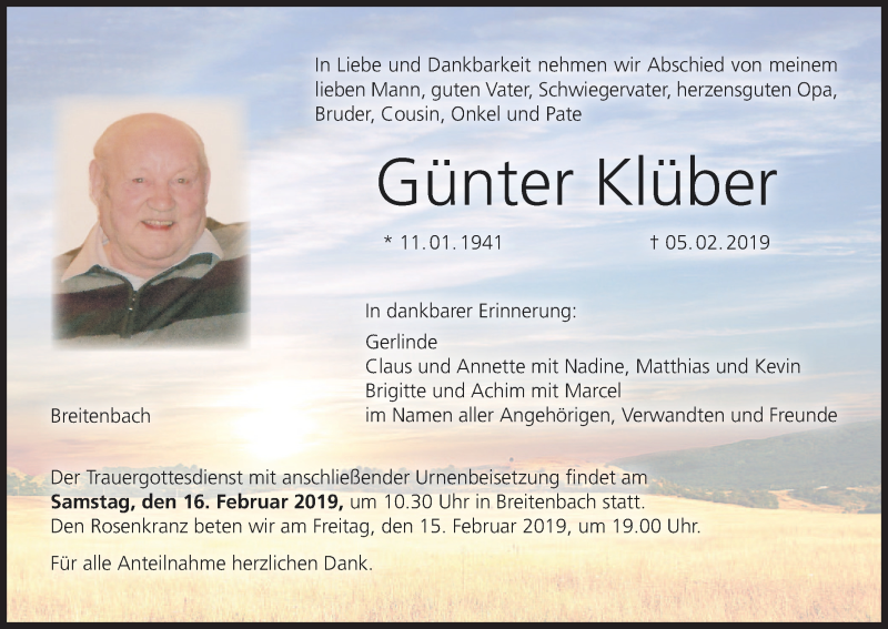  Traueranzeige für Günter Klüber vom 09.02.2019 aus MGO