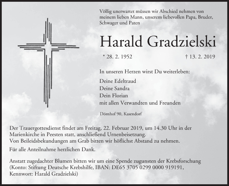  Traueranzeige für Harald Gradzielski vom 20.02.2019 aus MGO