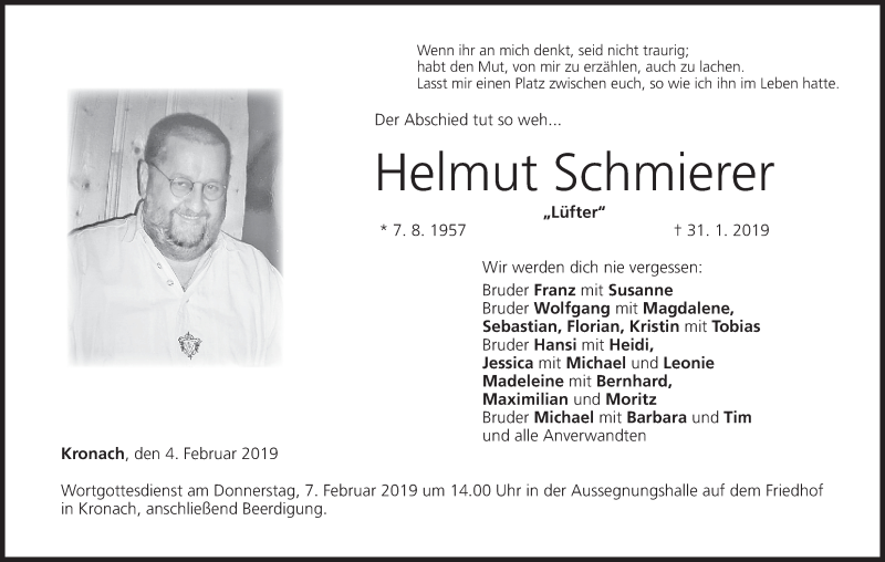  Traueranzeige für Helmut Schmierer vom 04.02.2019 aus MGO