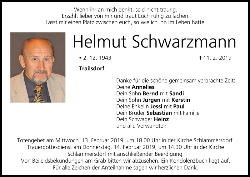  Traueranzeige für Helmut Schwarzmann vom 12.02.2019 aus MGO