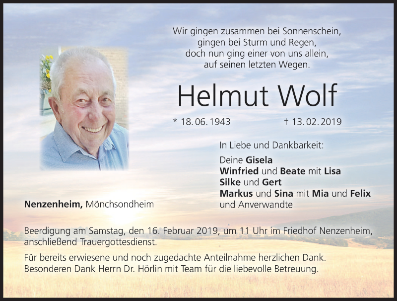  Traueranzeige für Helmut Wolf vom 15.02.2019 aus MGO