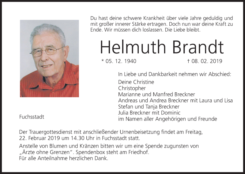  Traueranzeige für Helmuth Brandt vom 16.02.2019 aus MGO