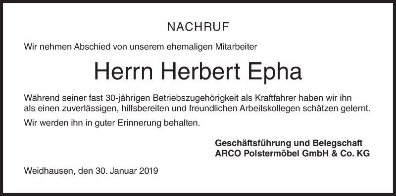  Traueranzeige für Herbert Epha vom 02.02.2019 aus MGO