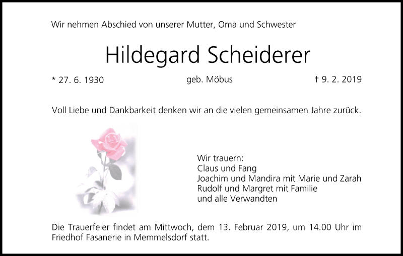  Traueranzeige für Hildegard Scheiderer vom 12.02.2019 aus MGO