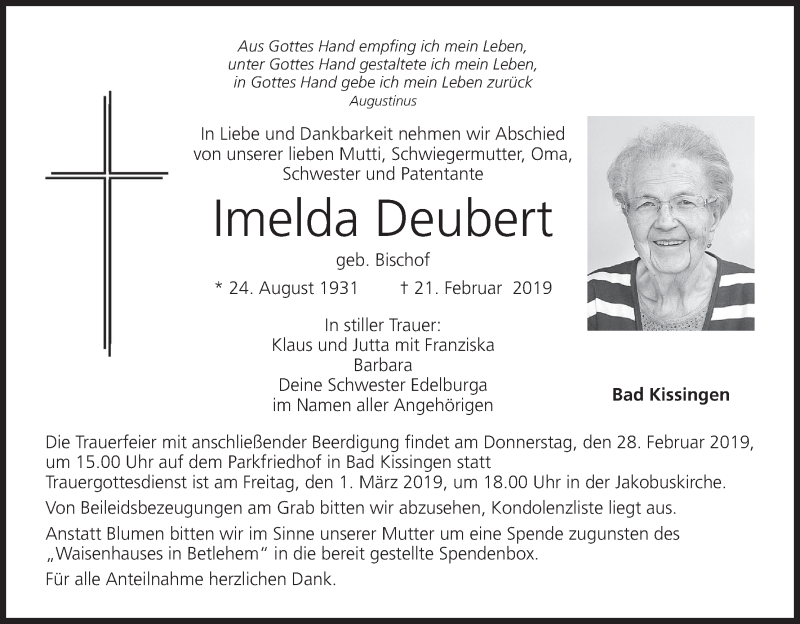  Traueranzeige für Imelda Deubert vom 26.02.2019 aus MGO
