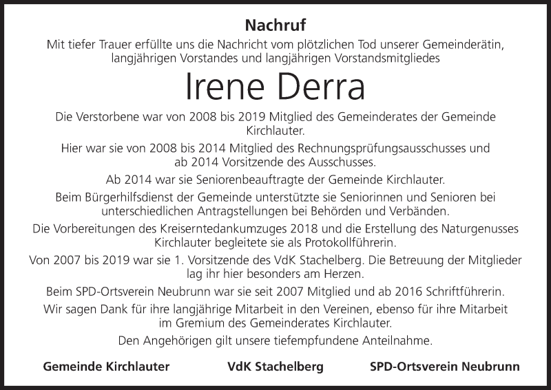  Traueranzeige für Irene Derra vom 01.02.2019 aus MGO