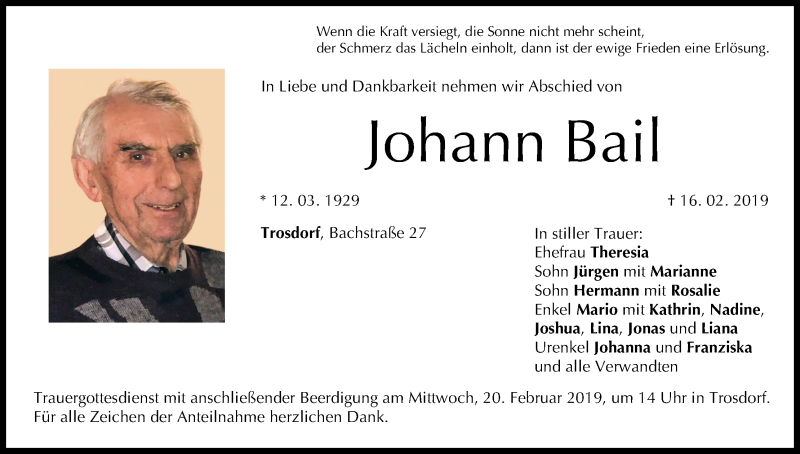  Traueranzeige für Johann Bail vom 19.02.2019 aus MGO