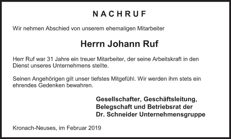  Traueranzeige für Johann Ruf vom 06.02.2019 aus MGO