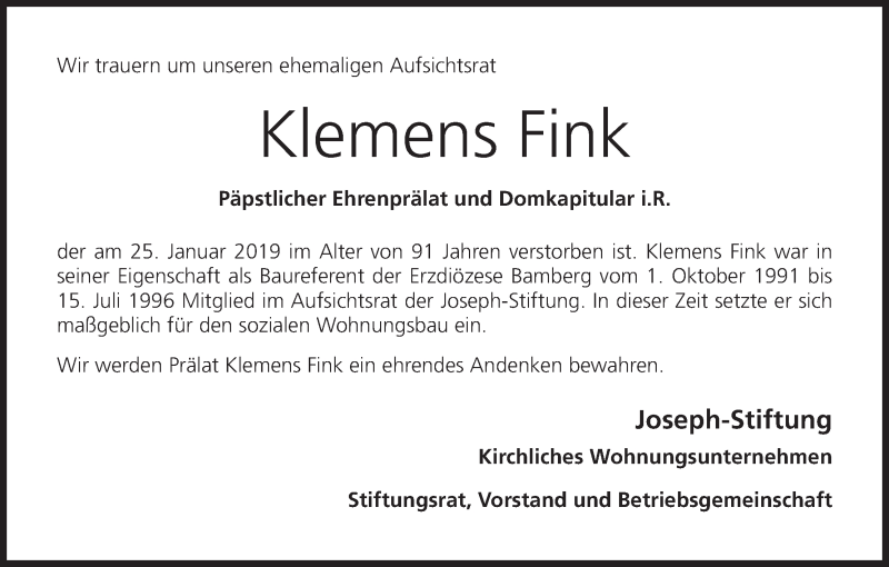 Traueranzeige für Klemens Fink vom 01.02.2019 aus MGO