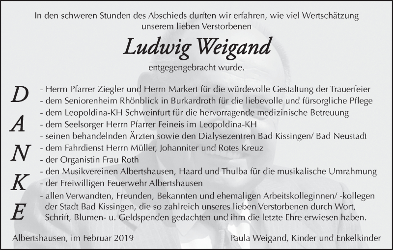  Traueranzeige für Ludwig Weigand vom 16.02.2019 aus MGO