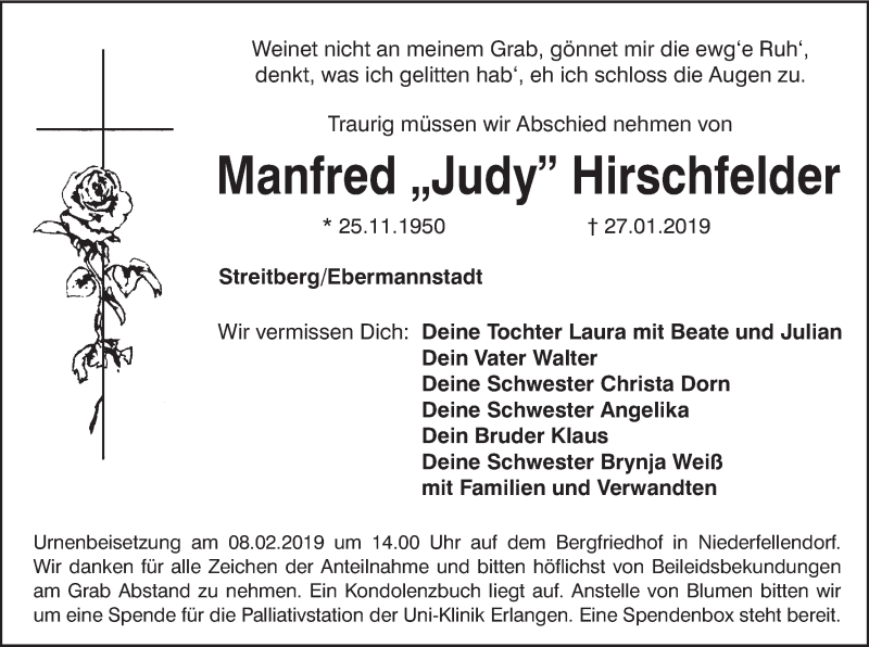  Traueranzeige für Manfred Hirschfelder vom 06.02.2019 aus MGO