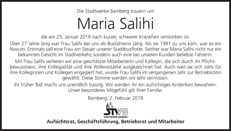  Traueranzeige für Maria Salihi vom 02.02.2019 aus MGO
