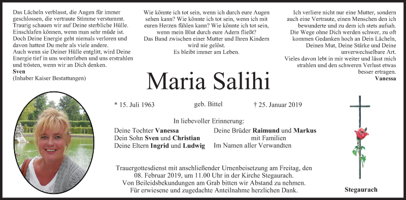  Traueranzeige für Maria Salihi vom 02.02.2019 aus MGO