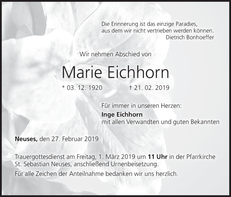  Traueranzeige für Marie Eichhorn vom 27.02.2019 aus MGO