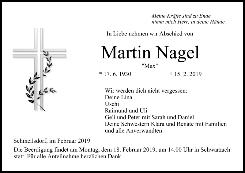  Traueranzeige für Martin Nagel vom 16.02.2019 aus MGO
