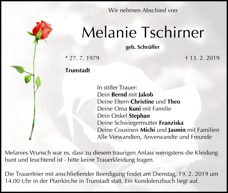  Traueranzeige für Melanie Tschirner vom 16.02.2019 aus MGO