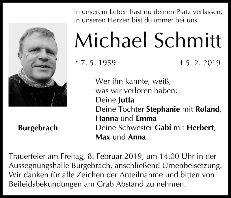  Traueranzeige für Michael Schmitt vom 06.02.2019 aus MGO