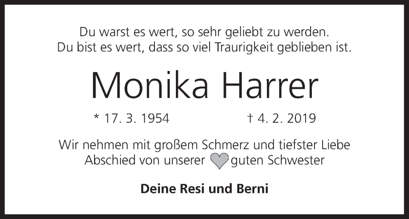  Traueranzeige für Monika Harrer vom 06.02.2019 aus MGO