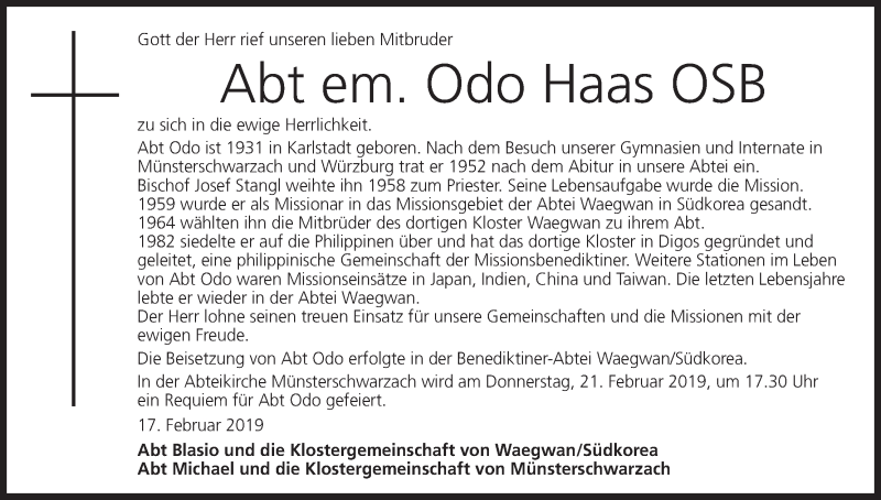  Traueranzeige für Odo Haas vom 19.02.2019 aus MGO