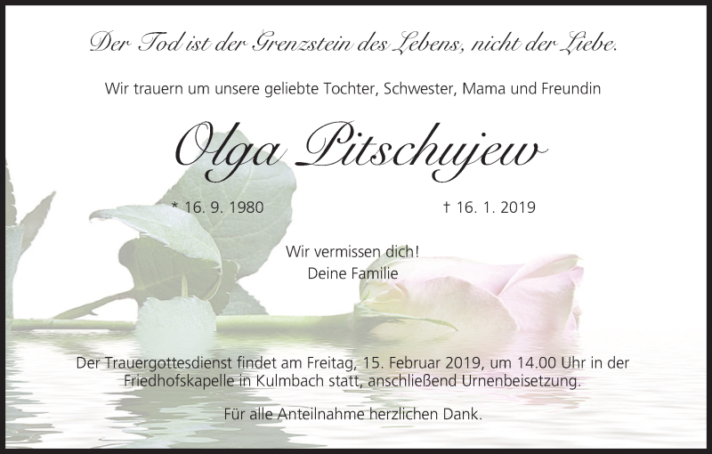  Traueranzeige für Olga Pitschujew vom 13.02.2019 aus MGO