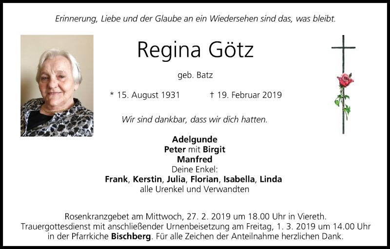  Traueranzeige für Regina Götz vom 23.02.2019 aus MGO