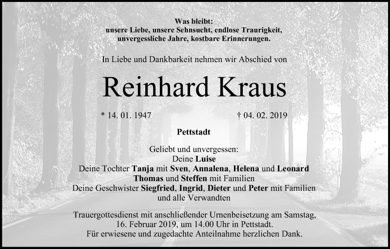  Traueranzeige für Reinhard Kraus vom 09.02.2019 aus MGO