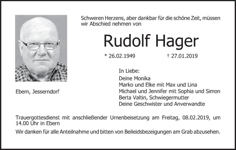  Traueranzeige für Rudolf Hager vom 06.02.2019 aus MGO
