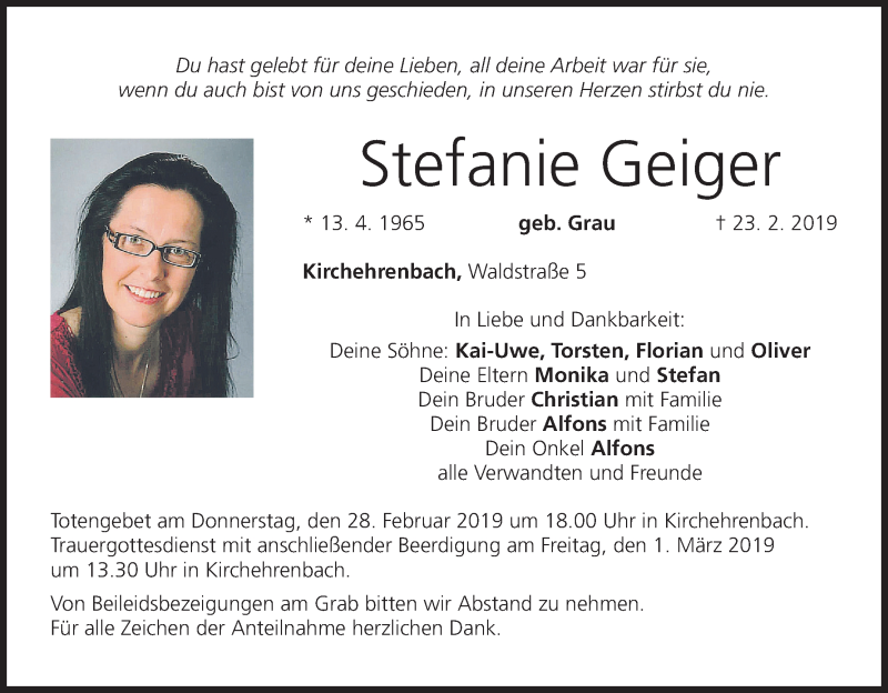 Stefanie Geiger | Traueranzeige | trauer.inFranken.de
