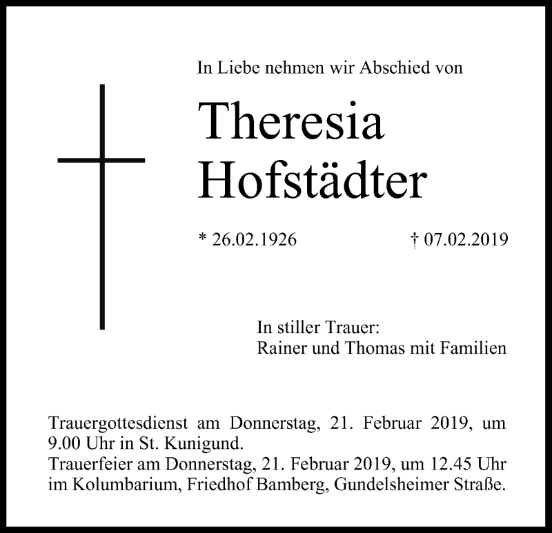  Traueranzeige für Theresia Hofstädter vom 16.02.2019 aus MGO
