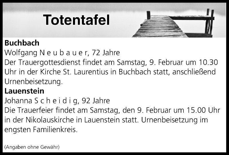  Traueranzeige für Totentafel vom 08.02.2019 vom 08.02.2019 aus MGO