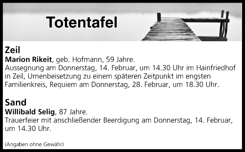 Traueranzeige für Totentafel vom 13.02.2019 vom 13.02.2019 aus MGO