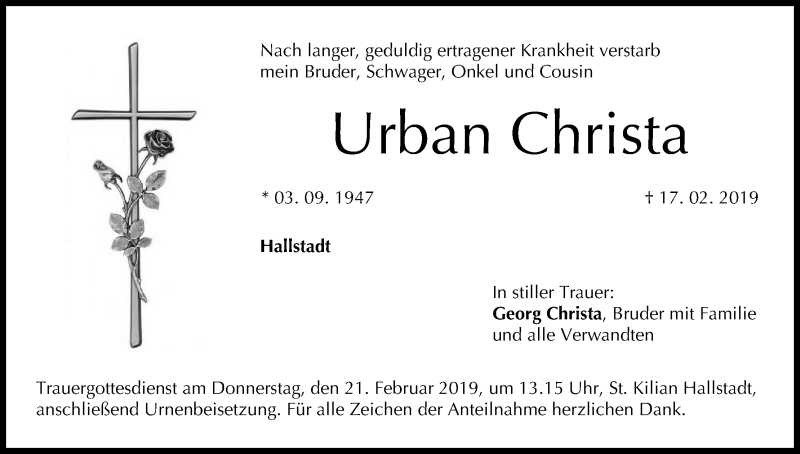  Traueranzeige für Urban Christa vom 19.02.2019 aus MGO