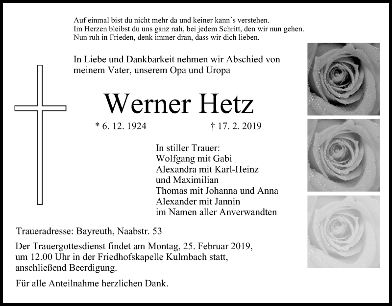  Traueranzeige für Werner Hetz vom 22.02.2019 aus MGO