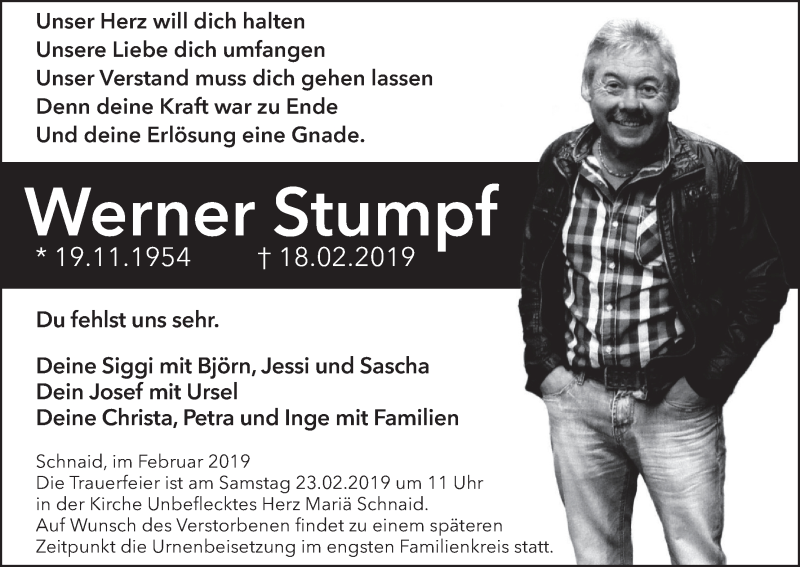  Traueranzeige für Werner Stumpf vom 21.02.2019 aus MGO