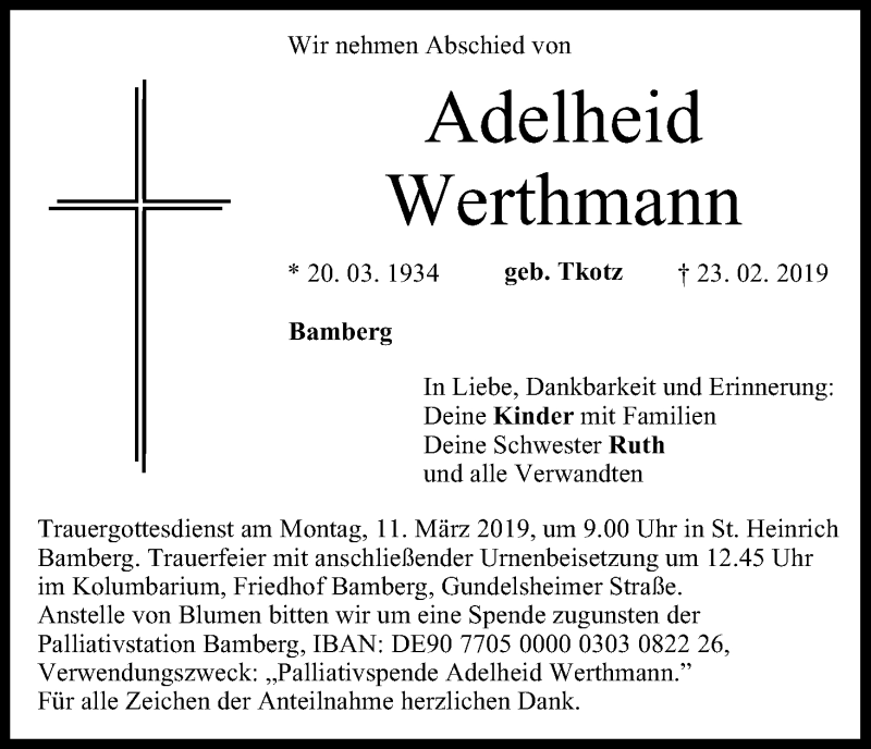  Traueranzeige für Adelheid Werthmann vom 02.03.2019 aus MGO