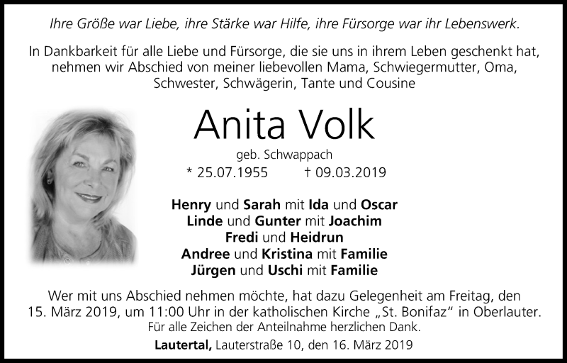  Traueranzeige für Anita Volk vom 13.03.2019 aus MGO