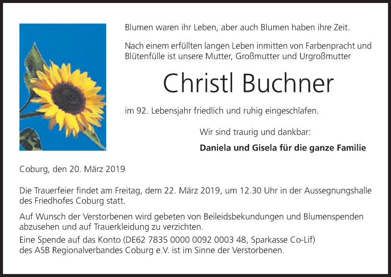  Traueranzeige für Christl Buchner vom 20.03.2019 aus MGO