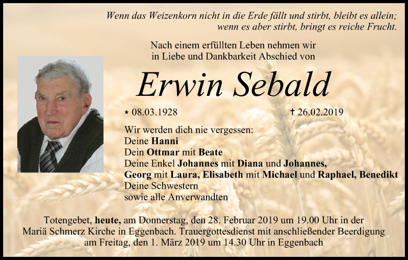  Traueranzeige für Erwin Sebald vom 28.02.2019 aus MGO