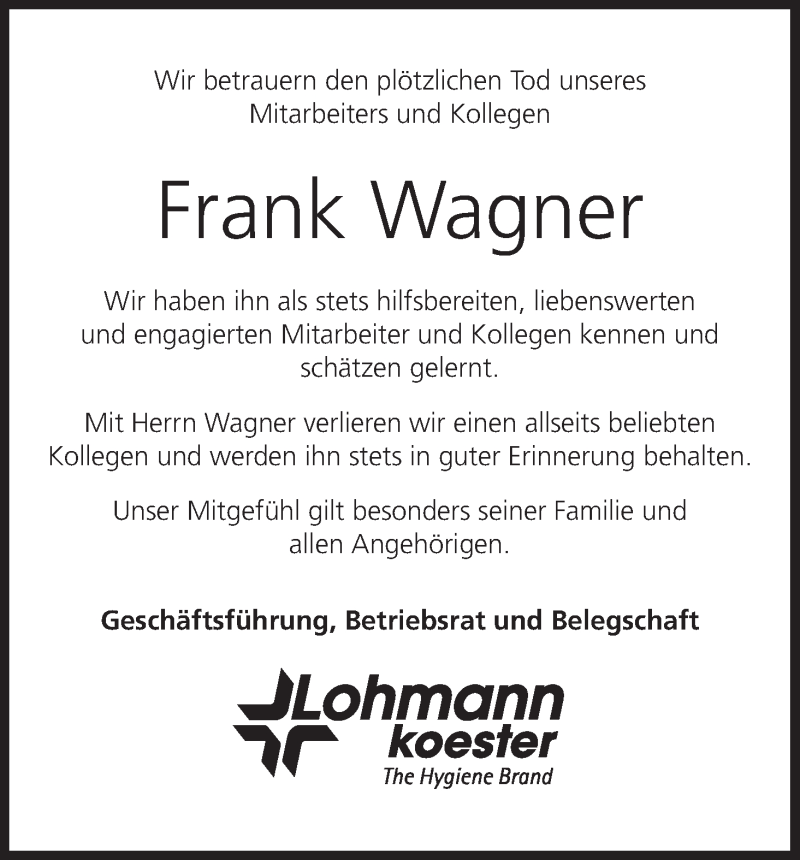  Traueranzeige für Frank Wagner vom 23.03.2019 aus MGO