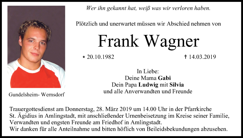  Traueranzeige für Frank Wagner vom 23.03.2019 aus MGO