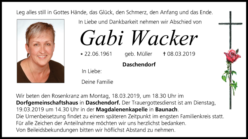  Traueranzeige für Gabi Wacker vom 15.03.2019 aus MGO