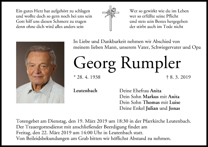  Traueranzeige für Georg Rumpler vom 16.03.2019 aus MGO