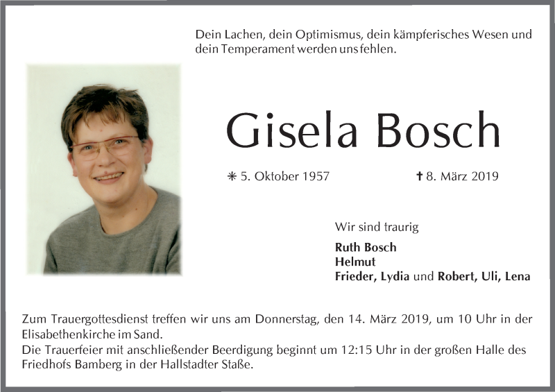  Traueranzeige für Gisela Bosch vom 12.03.2019 aus MGO