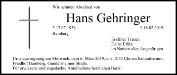 Anzeige von Hans Gehringer von MGO