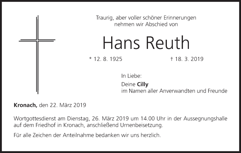  Traueranzeige für Hans Reuth vom 22.03.2019 aus MGO