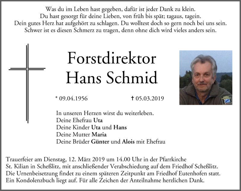  Traueranzeige für Hans Schmid vom 09.03.2019 aus MGO