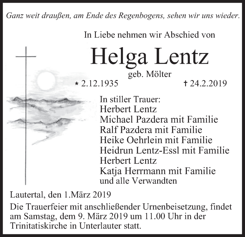  Traueranzeige für Helga Lentz vom 02.03.2019 aus MGO
